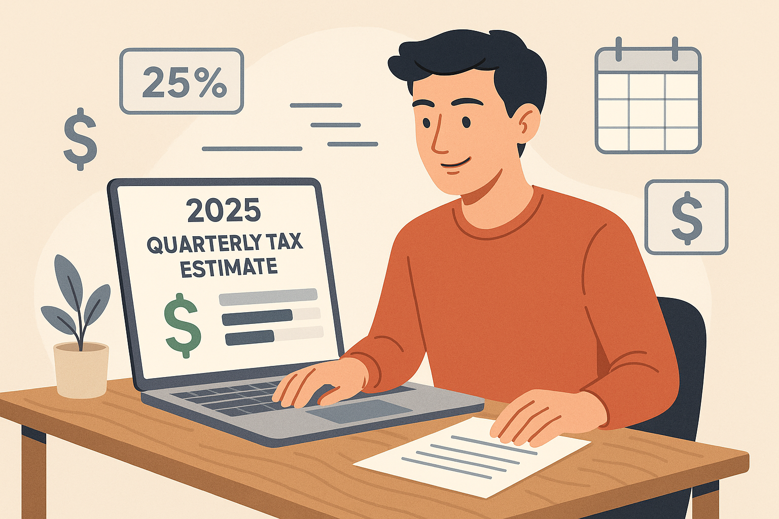 Person using 2025 quarterly tax estimate calculator on laptop, with tax icons and calendar floating around